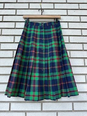 Herman Geist Vintage Tartan Plaid Pleated Button Front Midi Skirt XS 0 2 Preppy